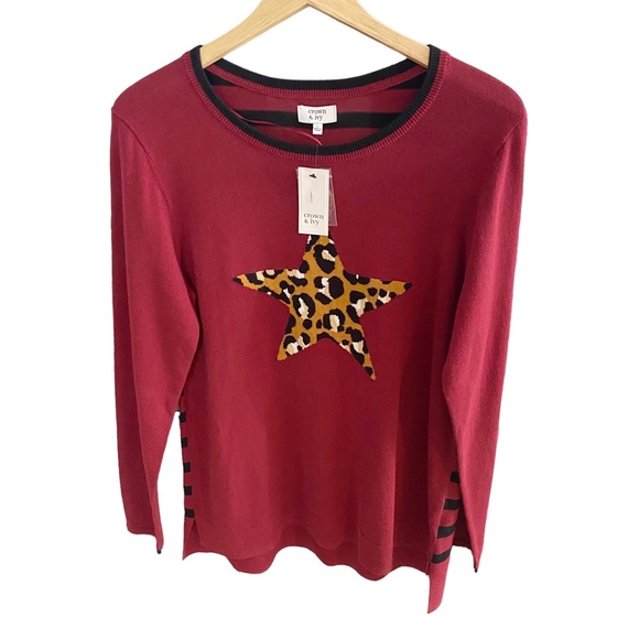 Crown & Ivy Cranberry Multicolor Intarsia Star Sweater With Stripes, Size Large - Picture 2 of 14
